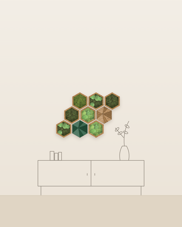 Cork hexagons with moss on a wall