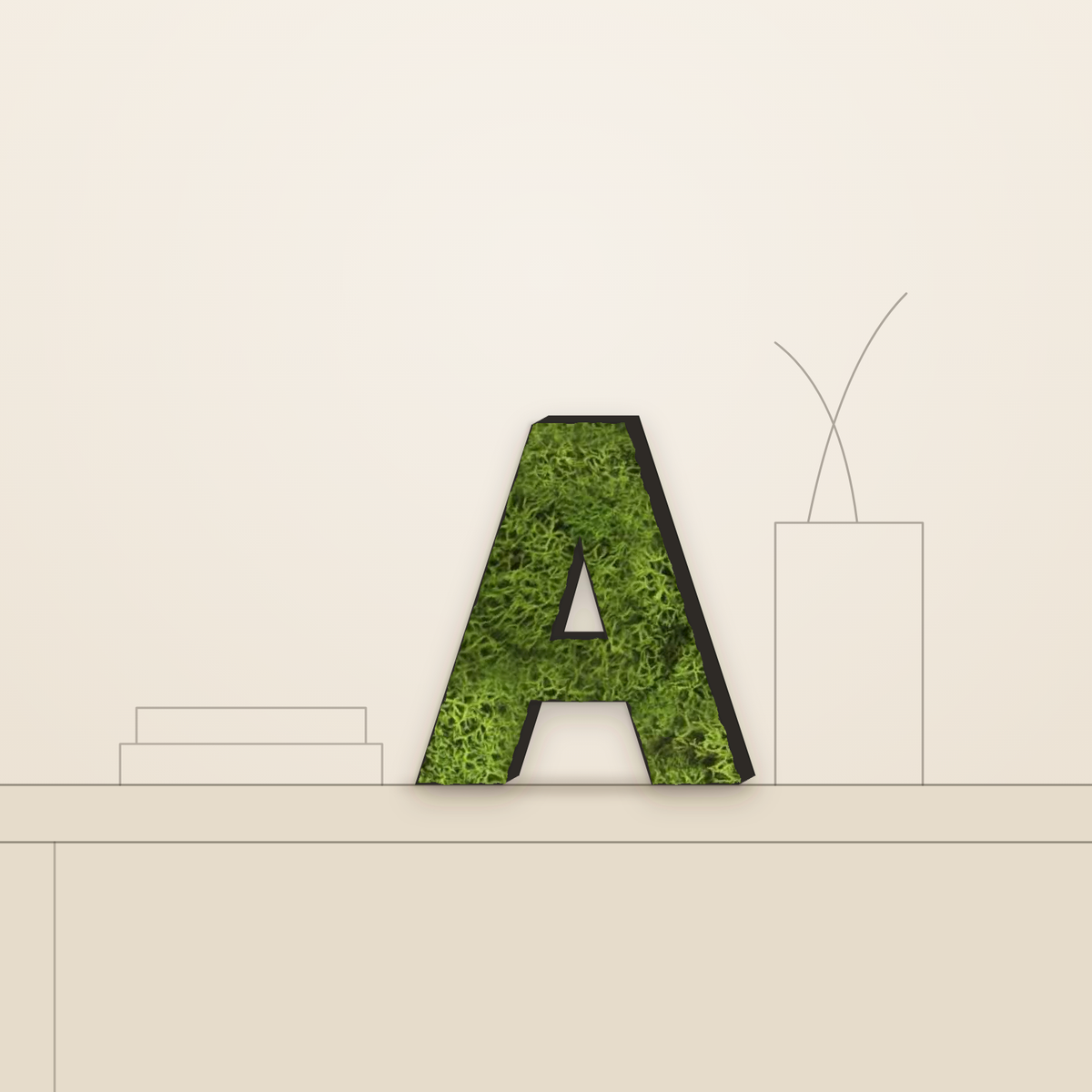 Letter made of preserved moss in a black frame