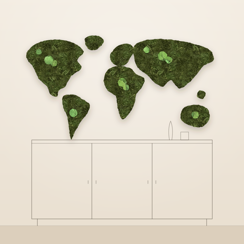 World map made of preserved moss on the wall