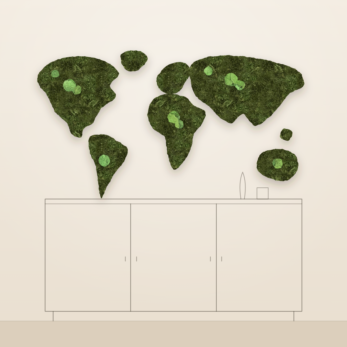 World map made of preserved moss on the wall